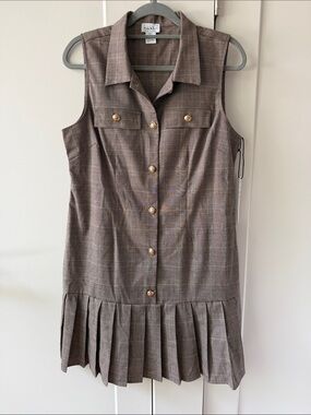 Nicole Miller Brown Plaid Sleeveless Shirt Dress with Gold Buttons